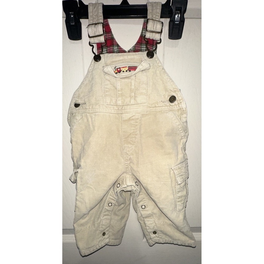 Oshkosh Beige Embroidered Train Flannel Lined Infant Overalls Y2K 3/6 Months